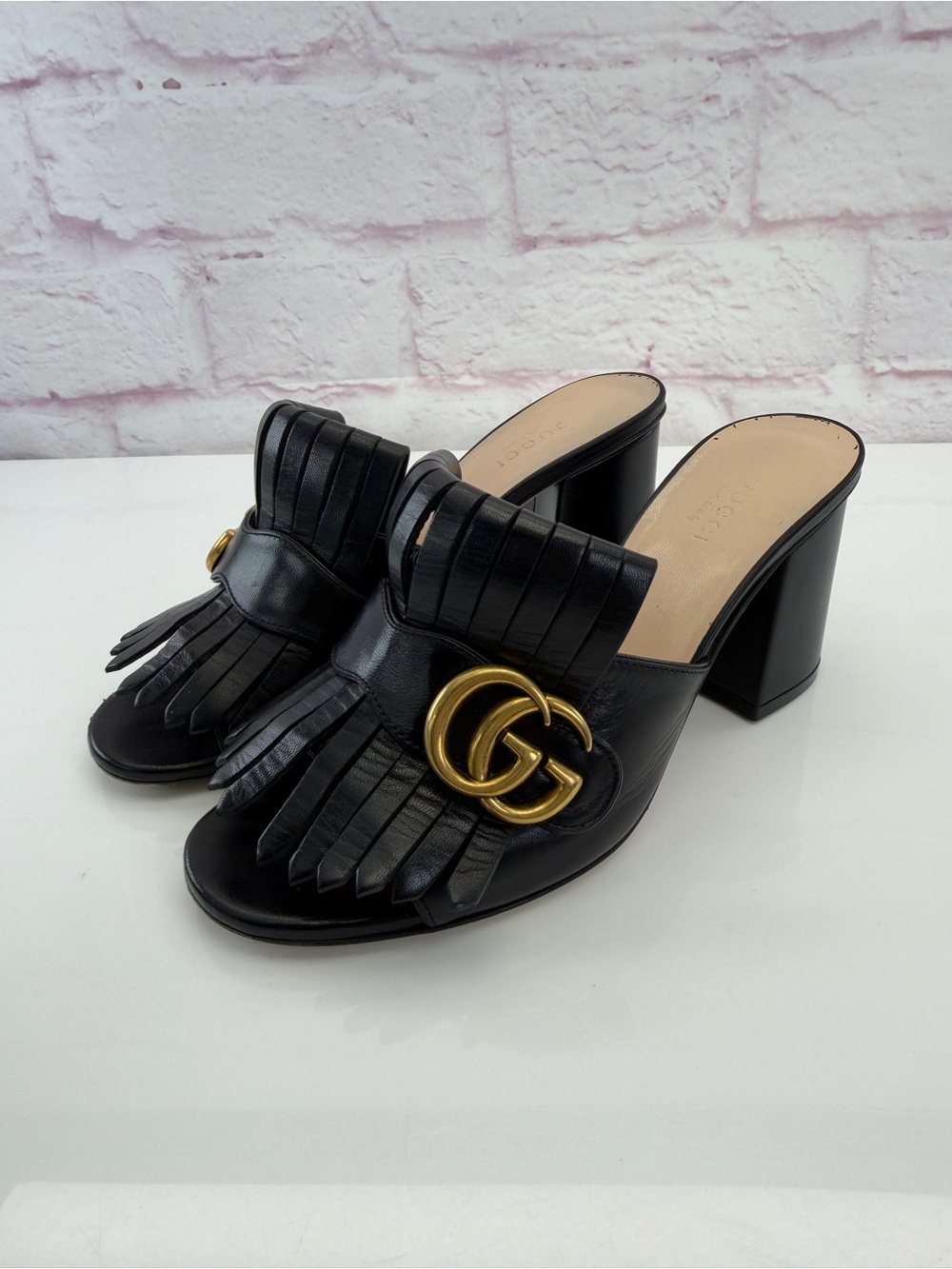 Gucci Black Leather GG Marmont Fringe Detail Open Toe Sandals Size 36.5